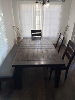 Dark Wood Farmhouse Dining Table with Chairs And bench