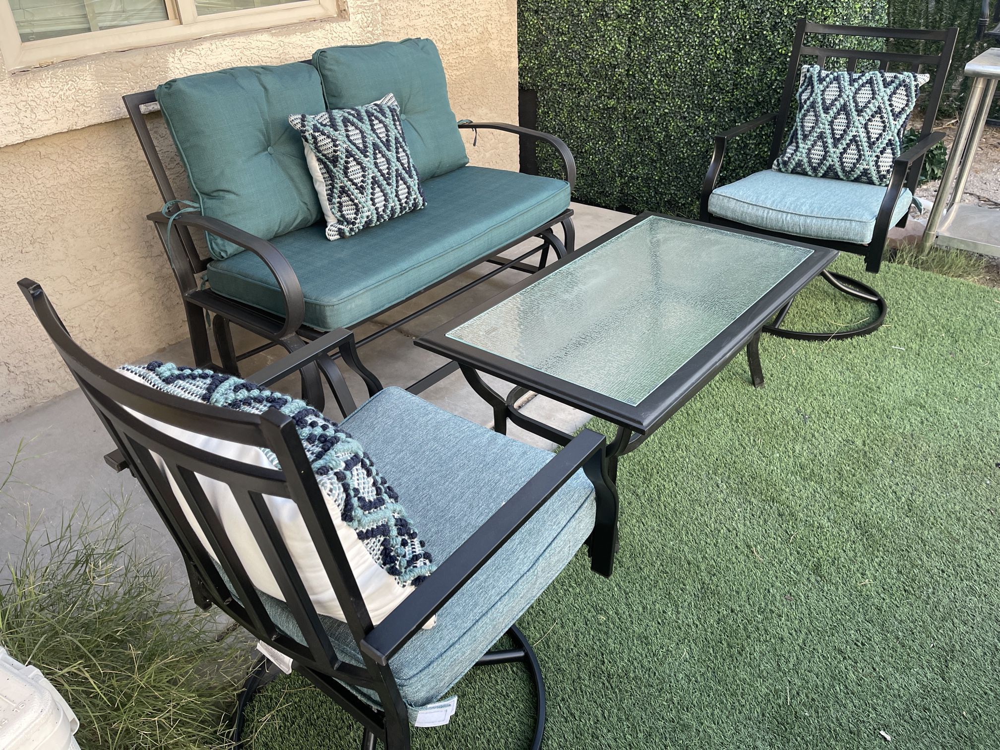 Patio Set, Outdoor Furniture,1 Love Seat Swivel,2 Rocking And Swivel Chairs With Cushions And Coffe Table.