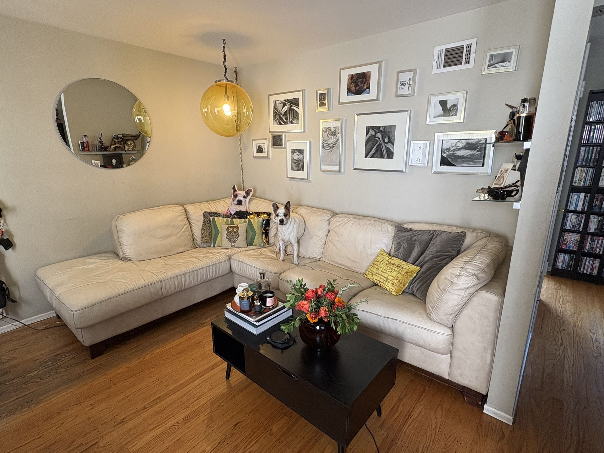 Large Cream Leather Sectional With Real Wood Trim/Feet