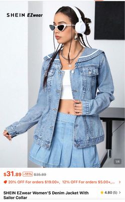 L SHEIN EZwear Women's Denim Jacket Sailor Collar