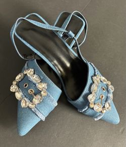 Denim Slingback Flats with Crystal Buckle