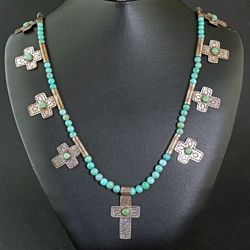 Tony Aguilar Sterling & Turquoise Navajo Kewa Pueblo New Mexico Cross Necklace