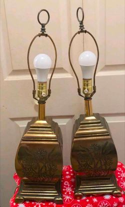 (2) Vintage Frederick Cooper Chinoiserie Brass Floral Table Lamp No Shade