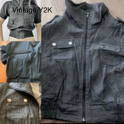 Last Kiss VINTAGE Y2K Cropped Cargo Utility Jacket 100% cotton-Cyber Grunge L