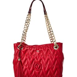MARIO VALENTINO LUISA QUILTED LEATHER SHOULDER BAG TOTE GOLD CHAIN RED