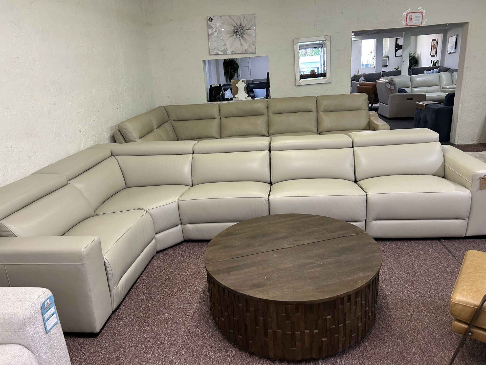 Furniture- 100% Real Top Grain Leather 5 Pc Sectional With 3 Power Recliners- Nevio