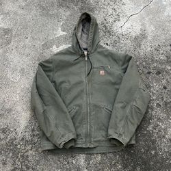Vintage Carhartt Sherpa Lined J141 LOV Zip Up Hooded Jacket Size XXL Olive/Green