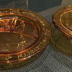 Vintage Tiara by R.S. Indiana Amber Glass Child's Divided Dish and Bowl set