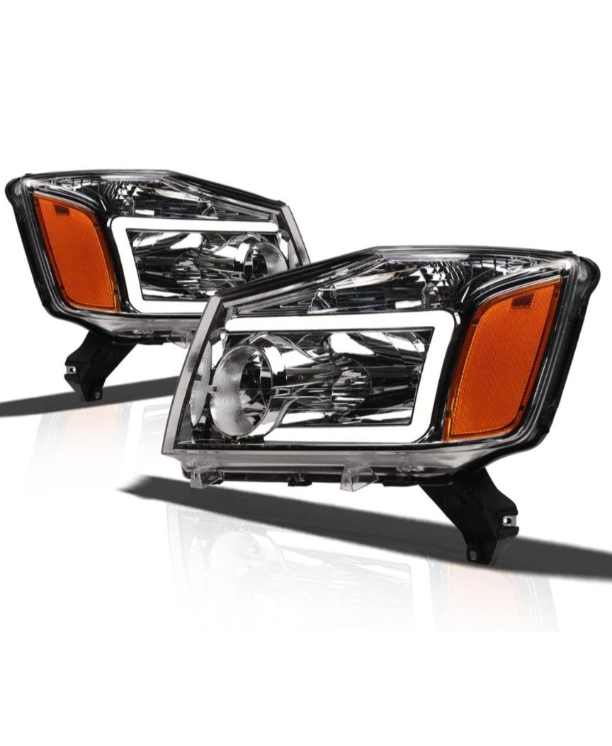 Alpha Owls (contact info removed) Crystal Headlights With White LED Light Bar - Chrome Amber Fits 2004-2015 Nissan Titan / 2004 2005-2007 Armada