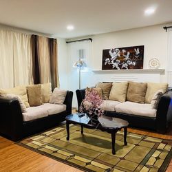 Cocoa Beige Cushioned Leather Couch And Loveseat Set