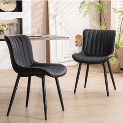 Black Dining Chairs Set of 2 Upholstered Mid Century Modern Kitchen Chair Armless Faux Leather Accent Guest Side Chairs with Back and Metal Legs for L