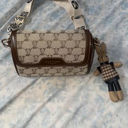 NWOT LAC Crossbody Bag Bear Print Guitar Strap Easter Rabbit Keychain