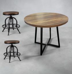⚜️Mid Century Modern Round Dining Table + 2  Adjustable  Bar Stools - Walnut + Black⚜️