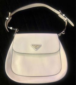 Prada Cleo Brushed Leather Shoulder Bag White Leather Nylon Straps AUTHENTIC