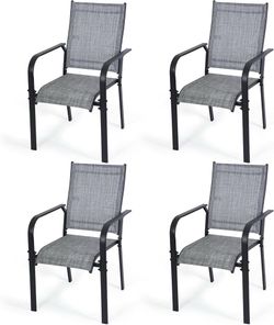 2239c $80 Patio Dining Chairs Set of 4, All-Weather High Back Textilene Stackable Chairs with Armrests, for Lawn Porch Deck Garden Poolside, Grey 【P