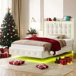Twin Size Floating Bed Frame with RGB LED Lights Charging Station, Modern Velvet Upholstered Platform Bed Frame with Storage Headboard, Off-White