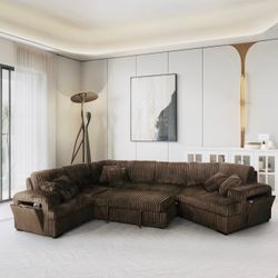 HALF U-SHAPED PULL OUT SECTIONAL RHF  SOFA W   STORAGE  ARMREST W USB+PILLOWS( CHOCOLATE, DARK GREY, BLACK, LIGHT SILVER CORDUROY)