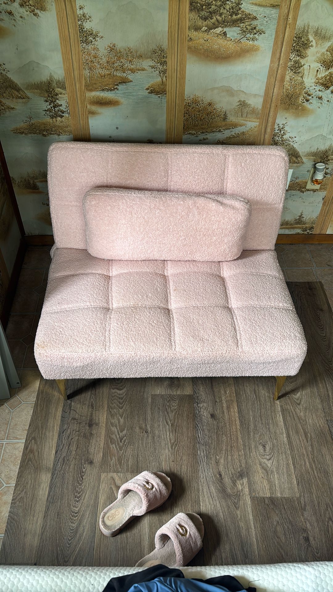 Convertible Futon Sofa Bed, Teddy Fabric Futon Couch Sleeper Sofa, Pink