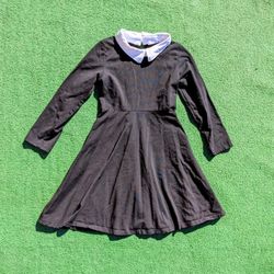 Girls Sz 6 Wednesday Addams Costume L/S Cotton/Spandex Black & White Dress EUC