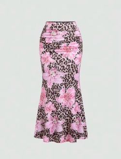 SHEIN Leopard & Pink Floral Maxi Skirt Size XL