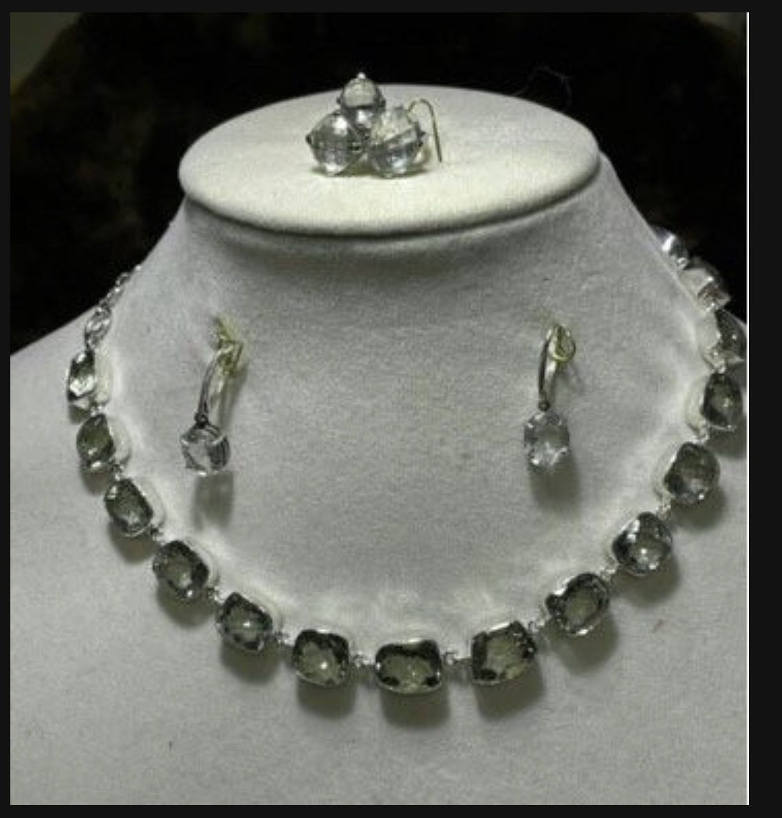 New, Firm, Sancha and Fila P, 925 S.S, Light Green (Prasiolite) Amethyst Necklace, Earrings and a Size 7, 3 stone Ring