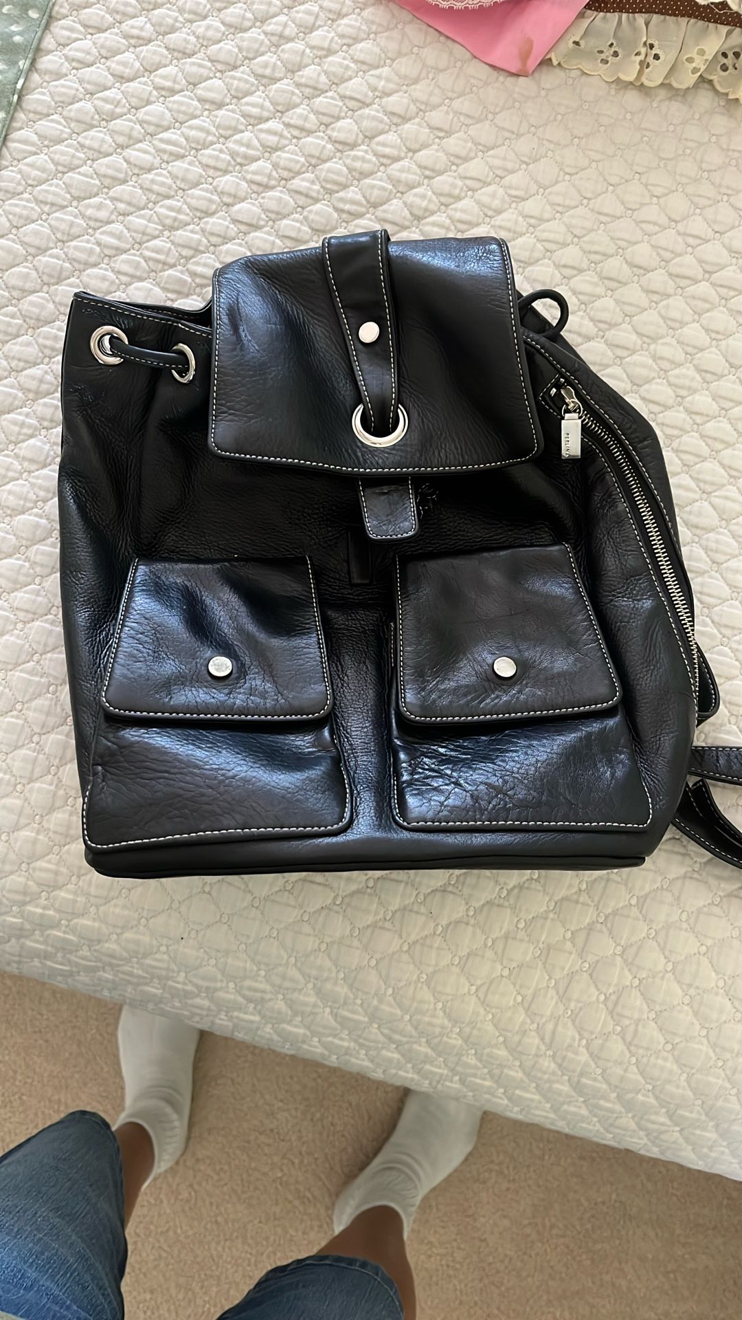 Perlina Black Leather Backpack 