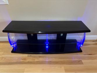 Black Glass TV Stand w/ Clear Acrylic Sides, Blue LED Lighting, 2 Shelves