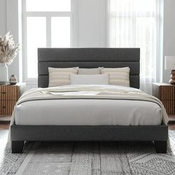 Queen Size Platform Bed Frame with Fabric Upholstered Headboard