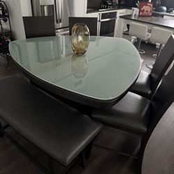 Glass Top Table, Chairs And Bench