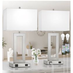 Modern Silver Table Lamps Set of 2, 28inch Tall Lamps for Living Room Bedroom with 2 USB Ports&AC Outlet, 3 Way Dimmable Touch Control Desk Lamps for 