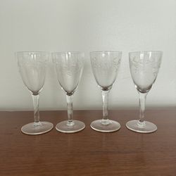 4 Vintage Flower Etched Crystal Glasses