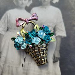 Vintage Aurora Borealis Floral Bouquet Basket Gold Tone Pin Brooch