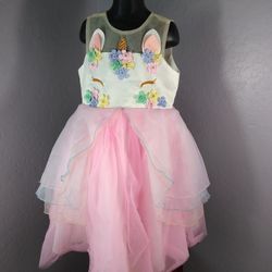 Unicorn party dress size 130(us 6/7) with a matching hair tie

