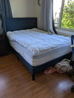 Full size bed, frame and mattress topper