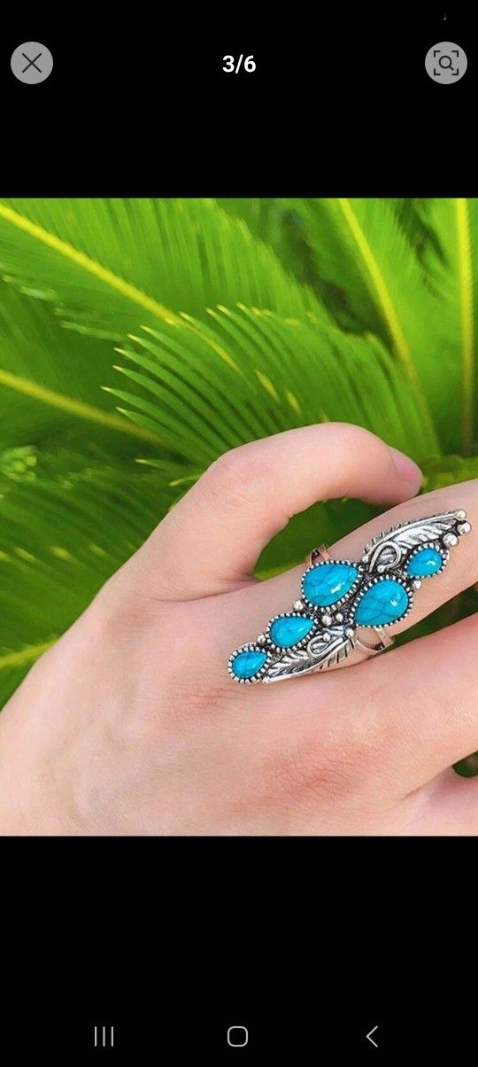 1pc Natural Teardrop Turquoise Ring, Fashionable And Retro, Size 8