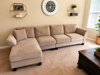 Beige L-Shaped Sectional Sofa with Chaise – Great Condition
