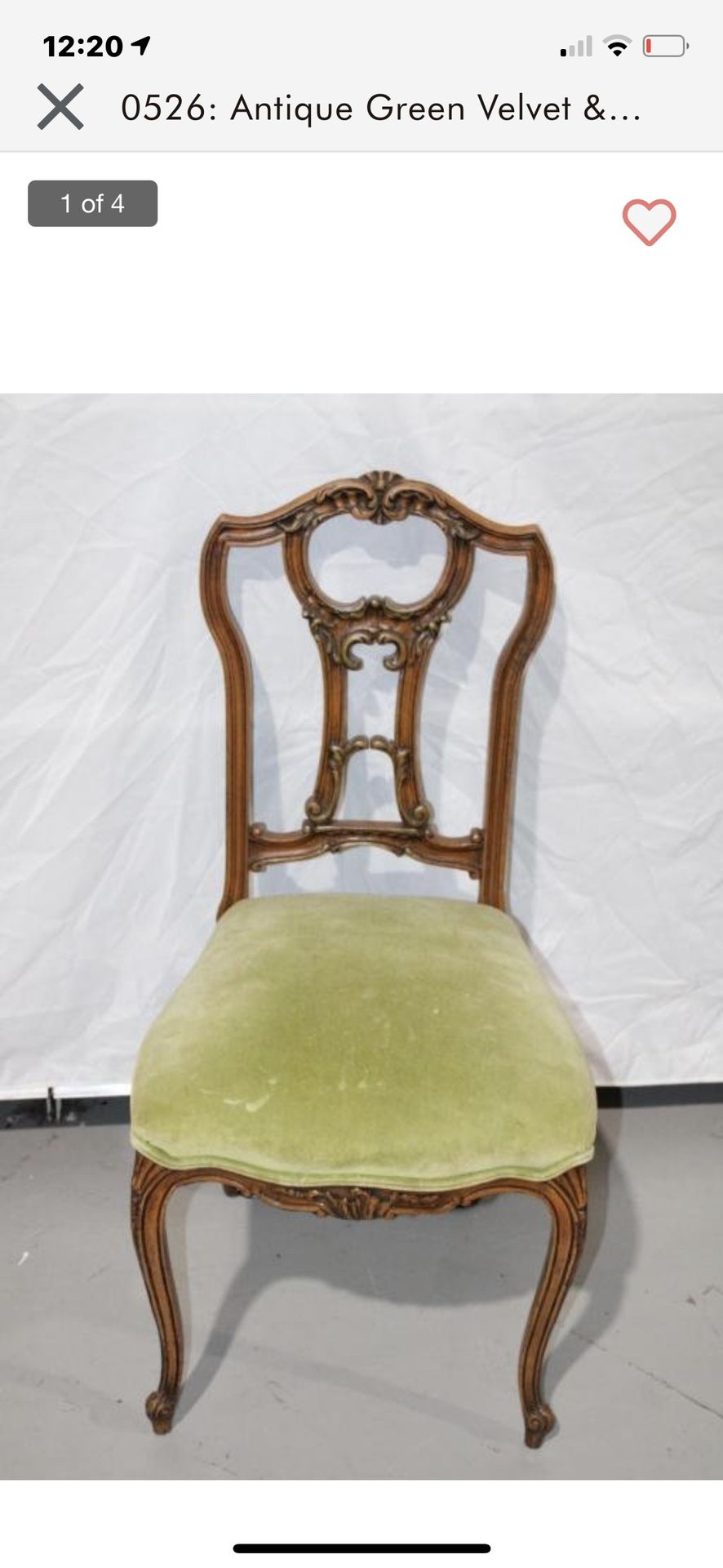 Antique Wood Green Velvet Side Chair 