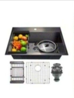 AKDY Matte Black Stainless Steel 25 in. x 22 in. Single Bowl Drop-In Kitchen Sink with Accessories