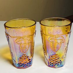 2 Beautiful Vintage 4” Tall Indiana Marigold Carnival Juice Glasses 