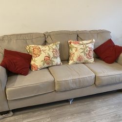 Beige 3 Seater Sofa With Decorative Pillows - Great Condition 