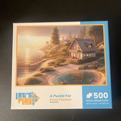 Let's Play 500 Piece Seaside Cottage Jigsaw Puzzle, Cardboard, New Sealed