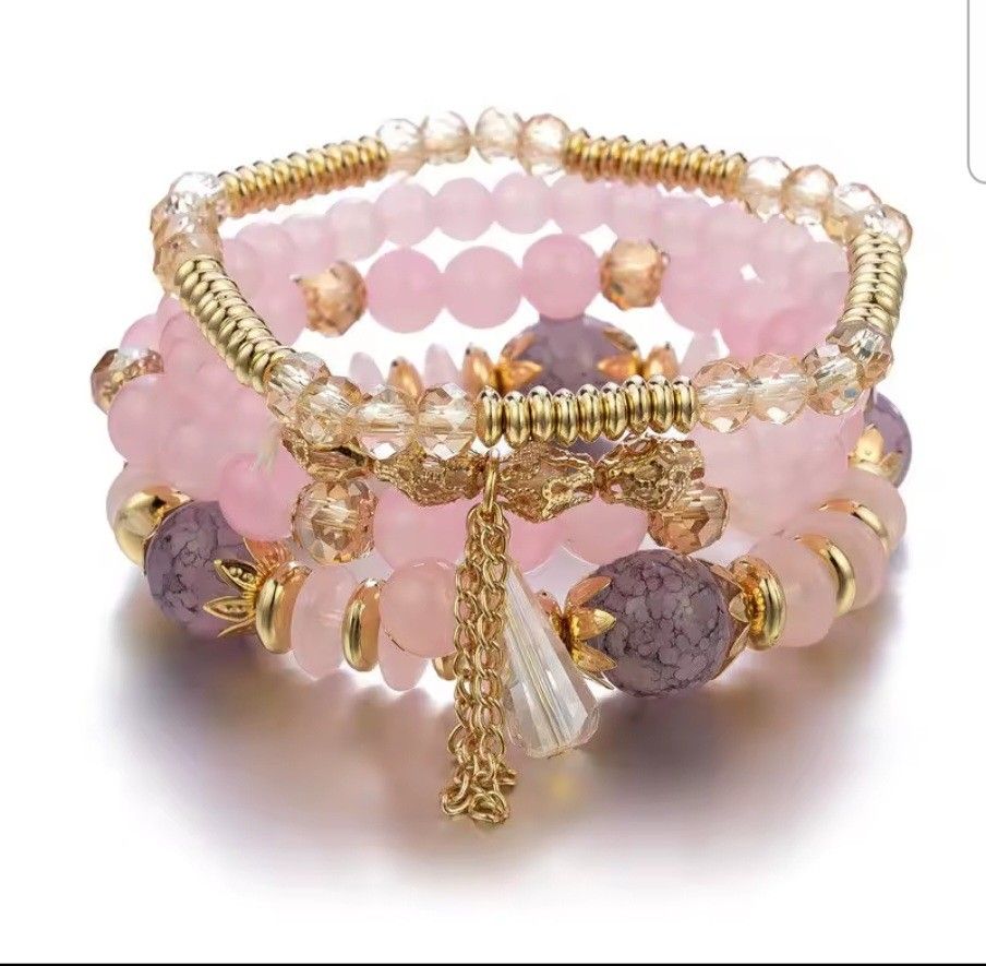 A set of 4 pink lilac gold beads bracelets bracelet womens ladies gift