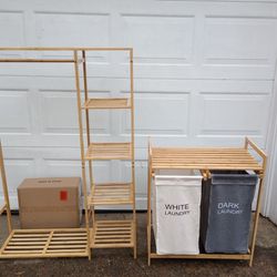 Bamboo Storage And Shoe Rack With Laundry Sorter With Bench Top