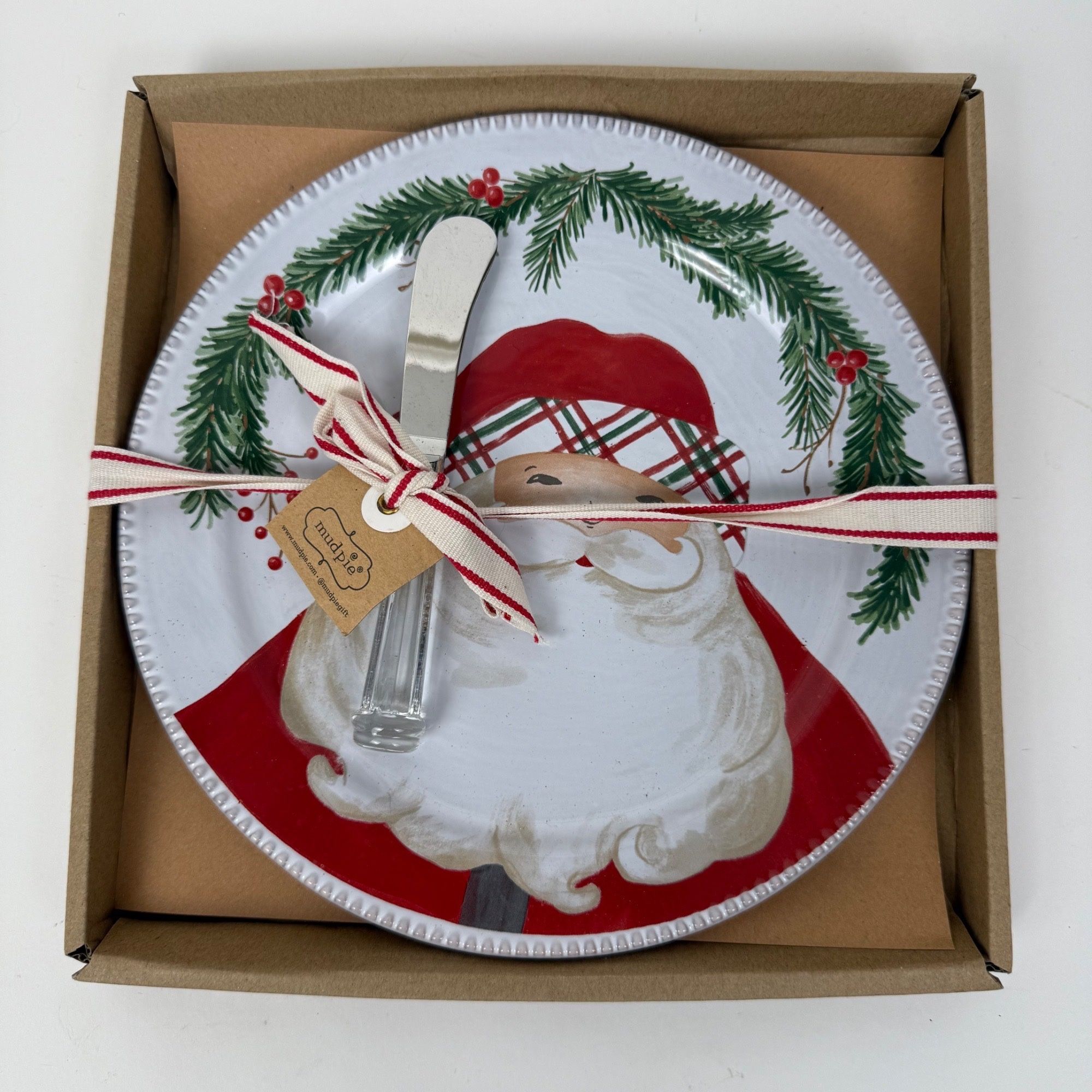 Mud Pie Santa Cheese Plate Set Holly & Berries 8-1/2"