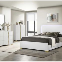 5 Piece White And Gold Bedroom Set Includes Queen Bed With LED Lights 1 Nightstand 1 Dresser 1 Mirror And 1 Chest All Brand New In Box Firm Price $999