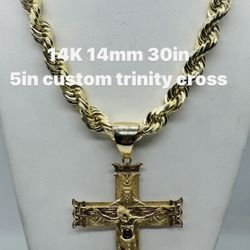 14K 14mm 30in diamond cut rope chain. 5in custom make Trinity cross. pendent sell separately. 