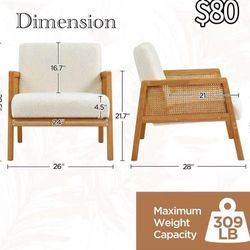 😀 Yaheetech Boucle Fabric Accent Chair, Vintage Rattan Vanity Chair, Wood Armrest and Legs, Ivory for Living Room Bedroom Makeup Room