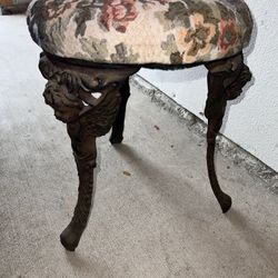 Victorian Style Cast Iron Ornate Upholstered Stool Vintage Mid-Century