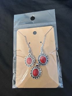 Red Stone Silver Pendant Necklace and Earring Set