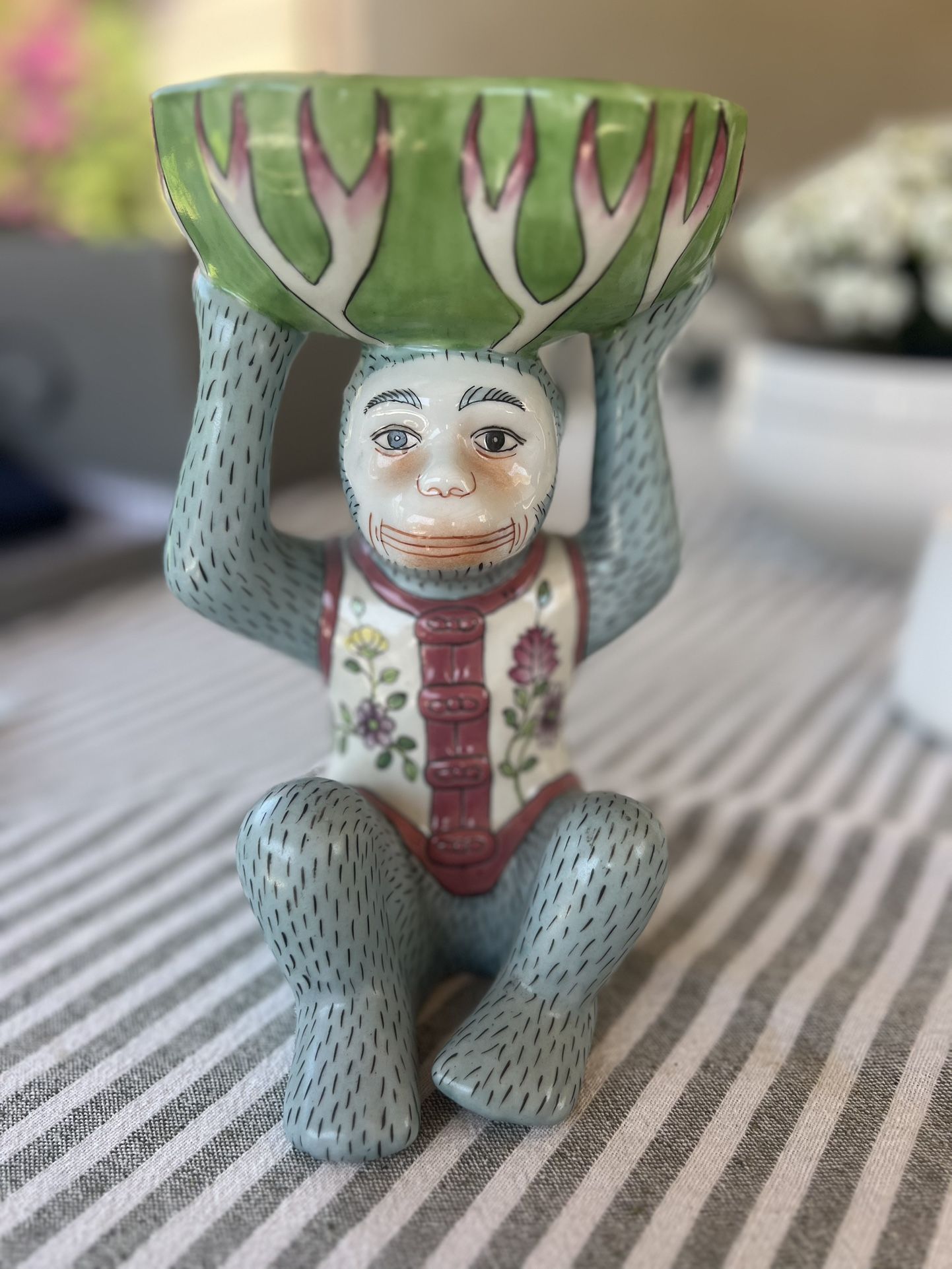 Vintage Andrea by Sadek Ceramic Chinese Monkey Holding Tobacco Leaf Catchall